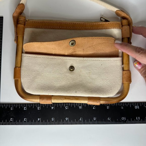 Vintage Slim Beige Tan Canvas Bamboo Frame Shoulder Mini Bag - Picture 6 of 9